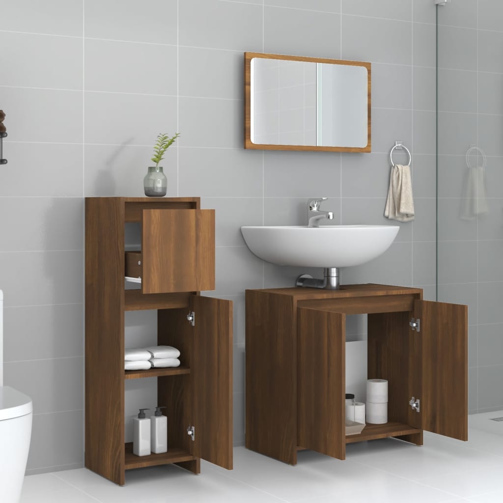 Set Mobili da Bagno 3 pz Rovere Marrone in Legno Multistrato 3143933