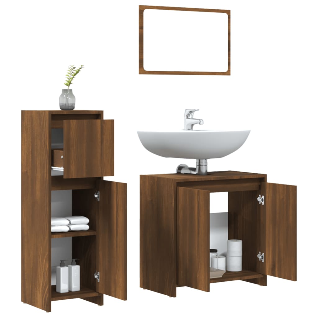 Set Mobili da Bagno 3 pz Rovere Marrone in Legno Multistrato 3143933