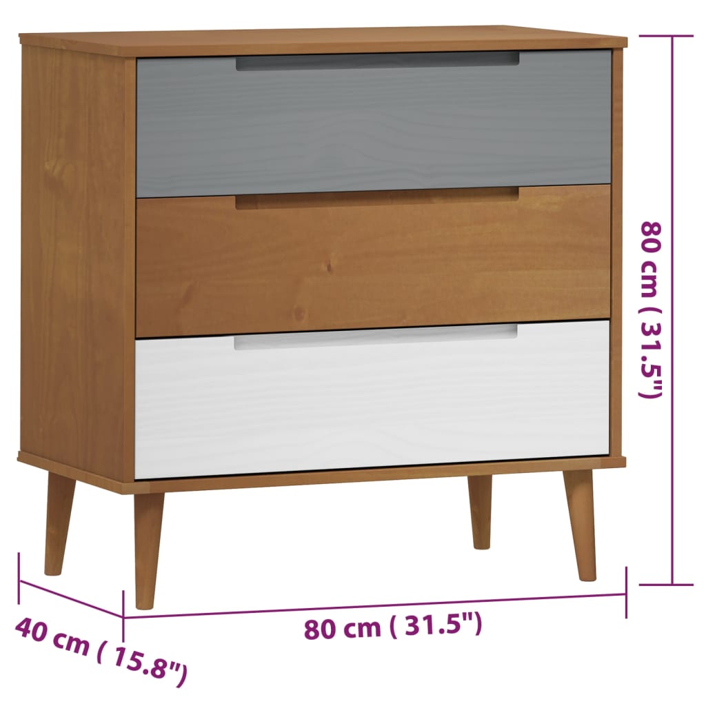 Cassettiera MOLDE Marrone 80x40x80 cm in Legno Massello di Pino 350504