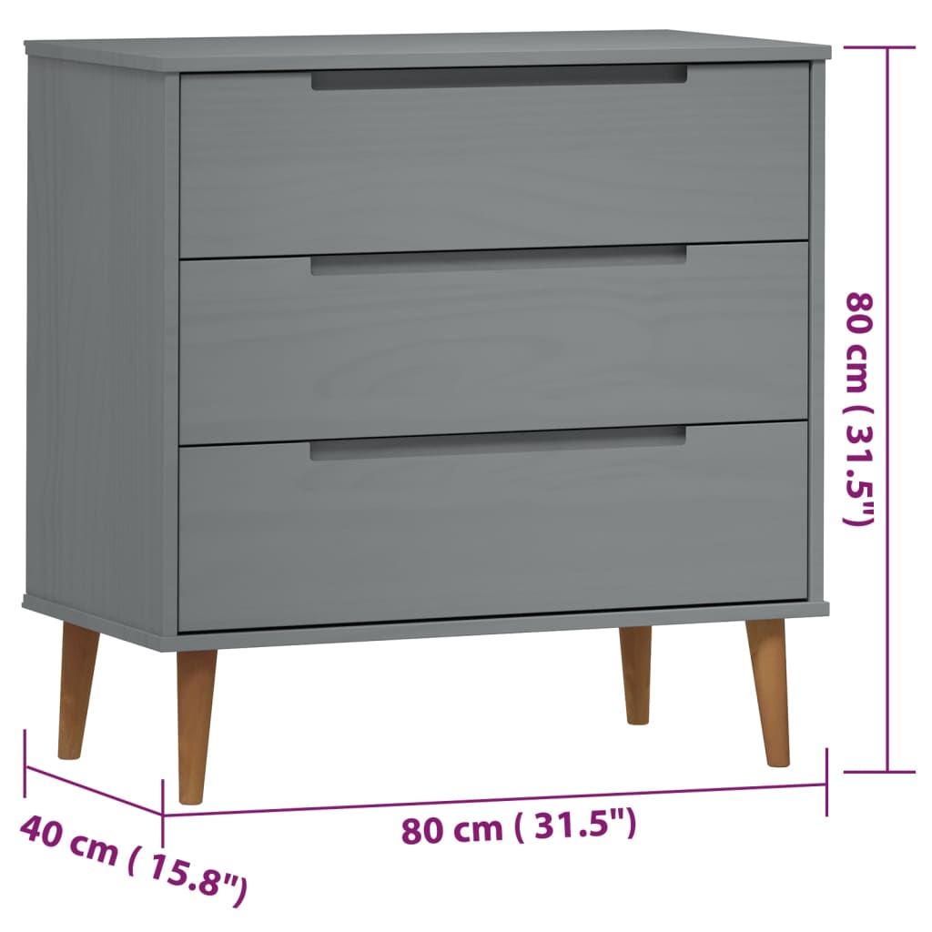 Cassettiera MOLDE Grigia 80x40x80 cm in Legno Massello di Pino cod mxl 67628