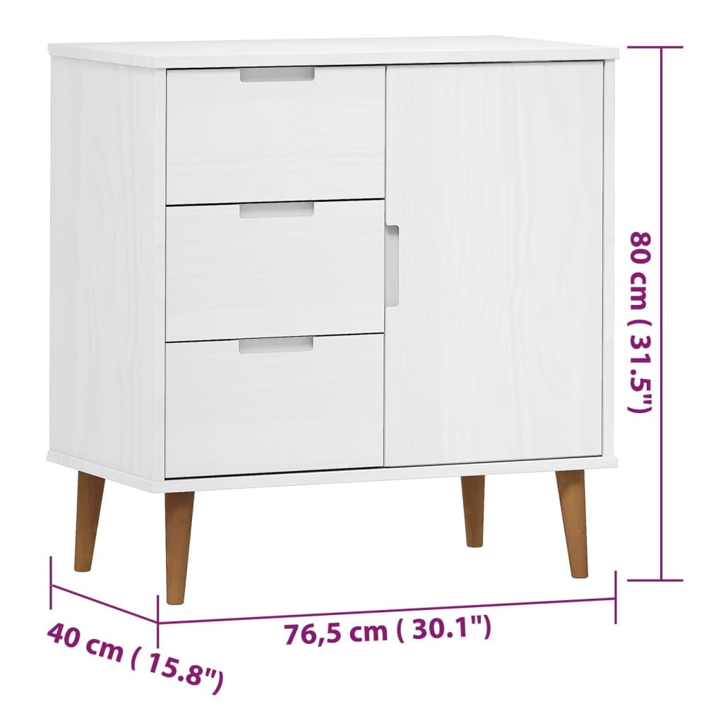 Credenza MOLDE Bianca 76,5x40x80 cm in Legno Massello di Pino 350511