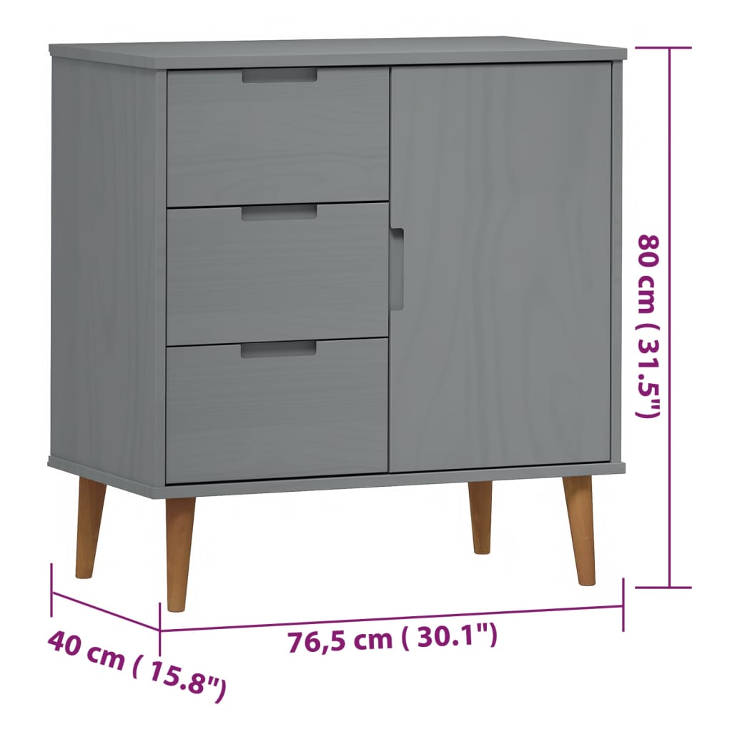 Credenza MOLDE Grigia 76,5x40x80 cm in Legno Massello di Pino