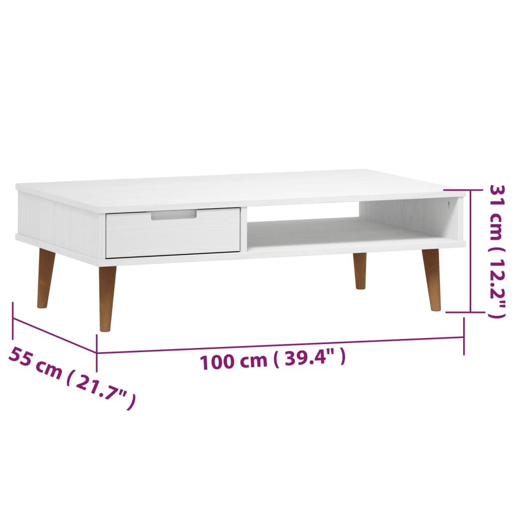 Tavolino MOLDE Bianco 100x55x31 cm in Legno Massello di Pino 350529