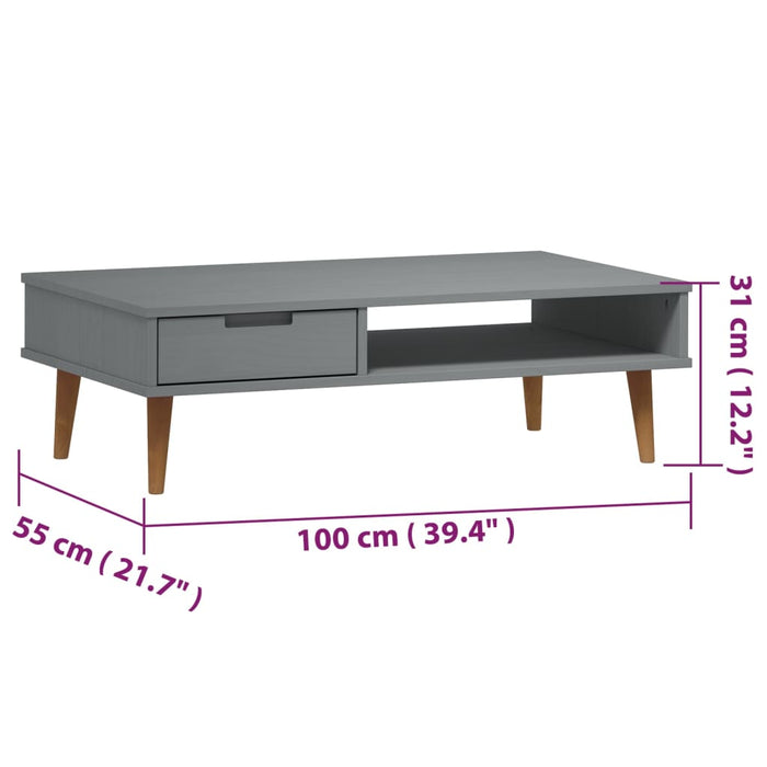 Tavolino MOLDE Grigio 100x55x31 cm in Legno Massello di Pino