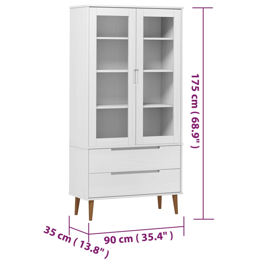 Vetrina MOLDE Bianca 90x35x175 cm in Legno Massello di Pino 350544