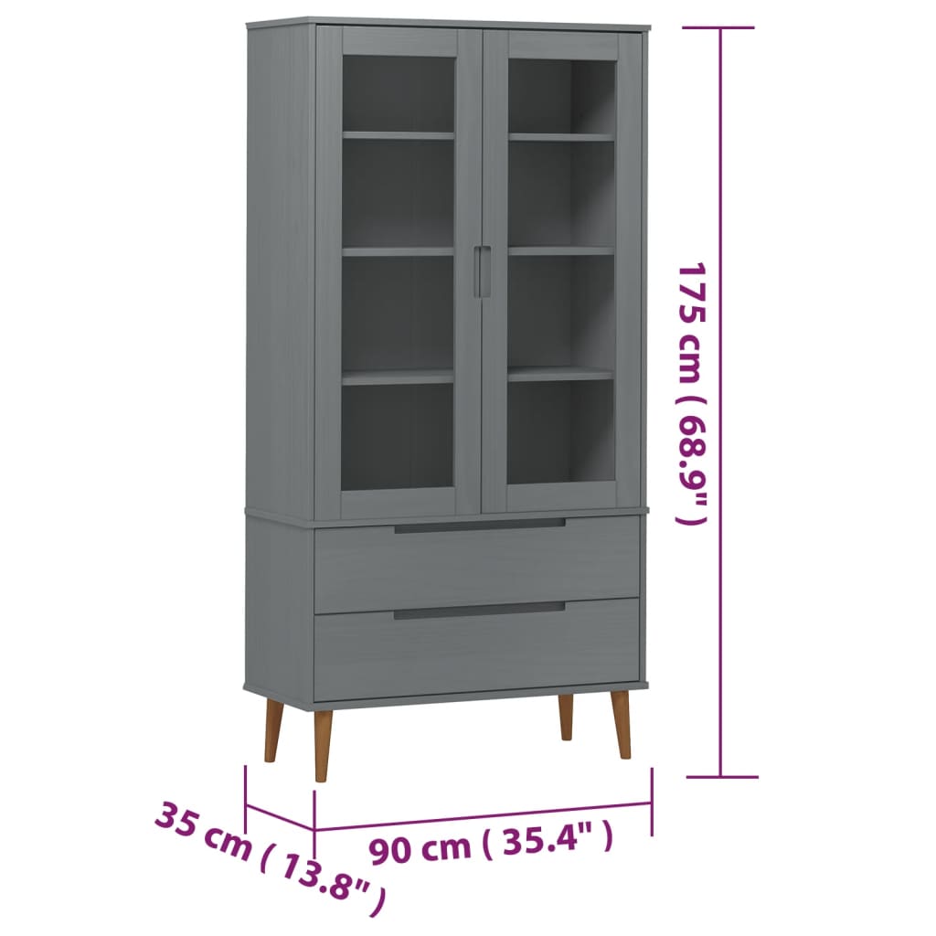 Vetrina MOLDE Grigia 90x35x175 cm in Legno Massello di Pino