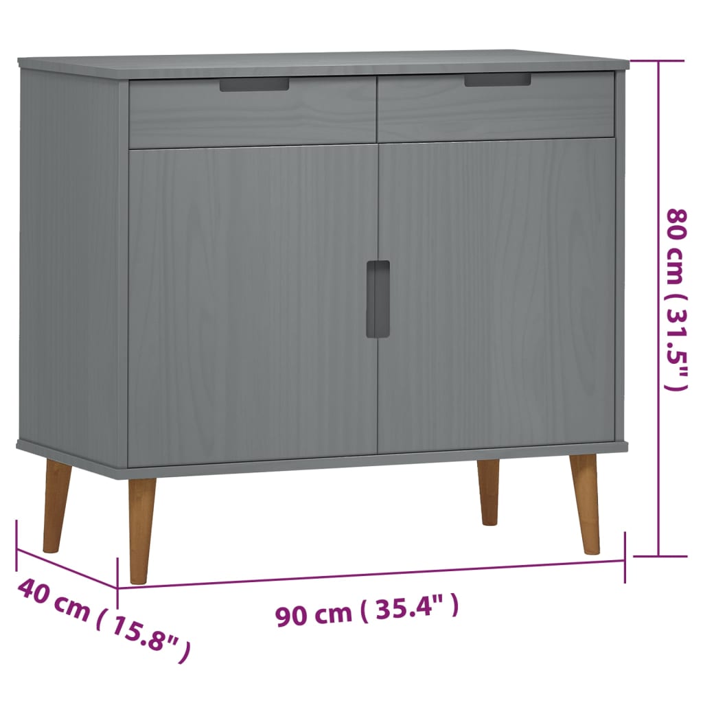 Credenza MOLDE Grigia 90x40x80 cm in Legno Massello di Pino 350548