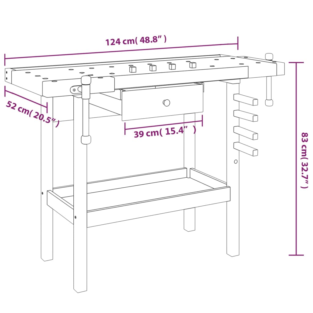 Banco Lavoro Cassetto e Morse 92x48x83 cm Legno Massello Acacia cod mxl 68739