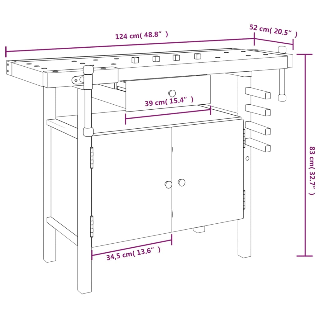 Banco Lavoro Cassetto e Morse 92x48x83 cm Legno Massello Acacia 153321