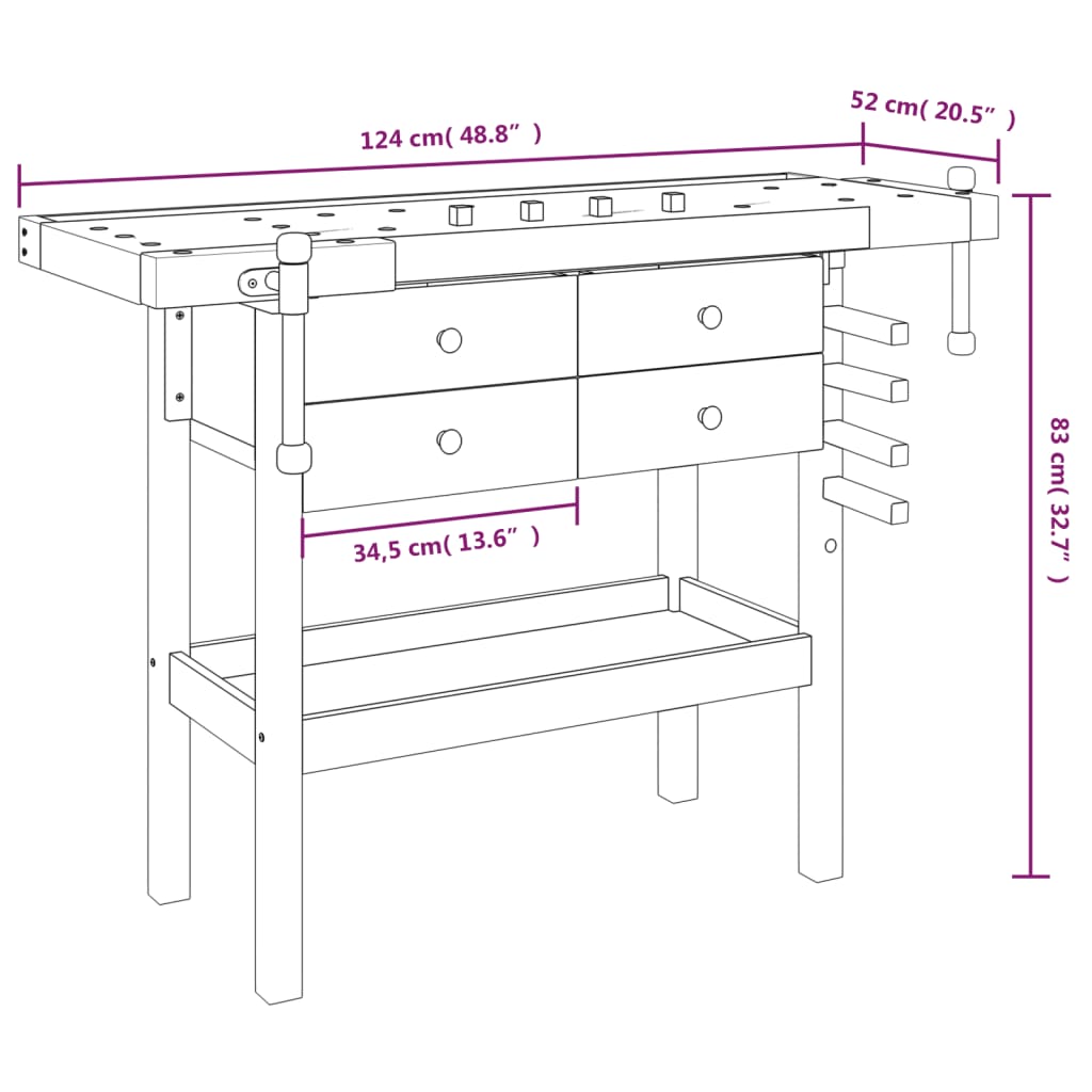 Banco Lavoro Cassetti e Morse 124x52x83cm Legno Massello Acacia