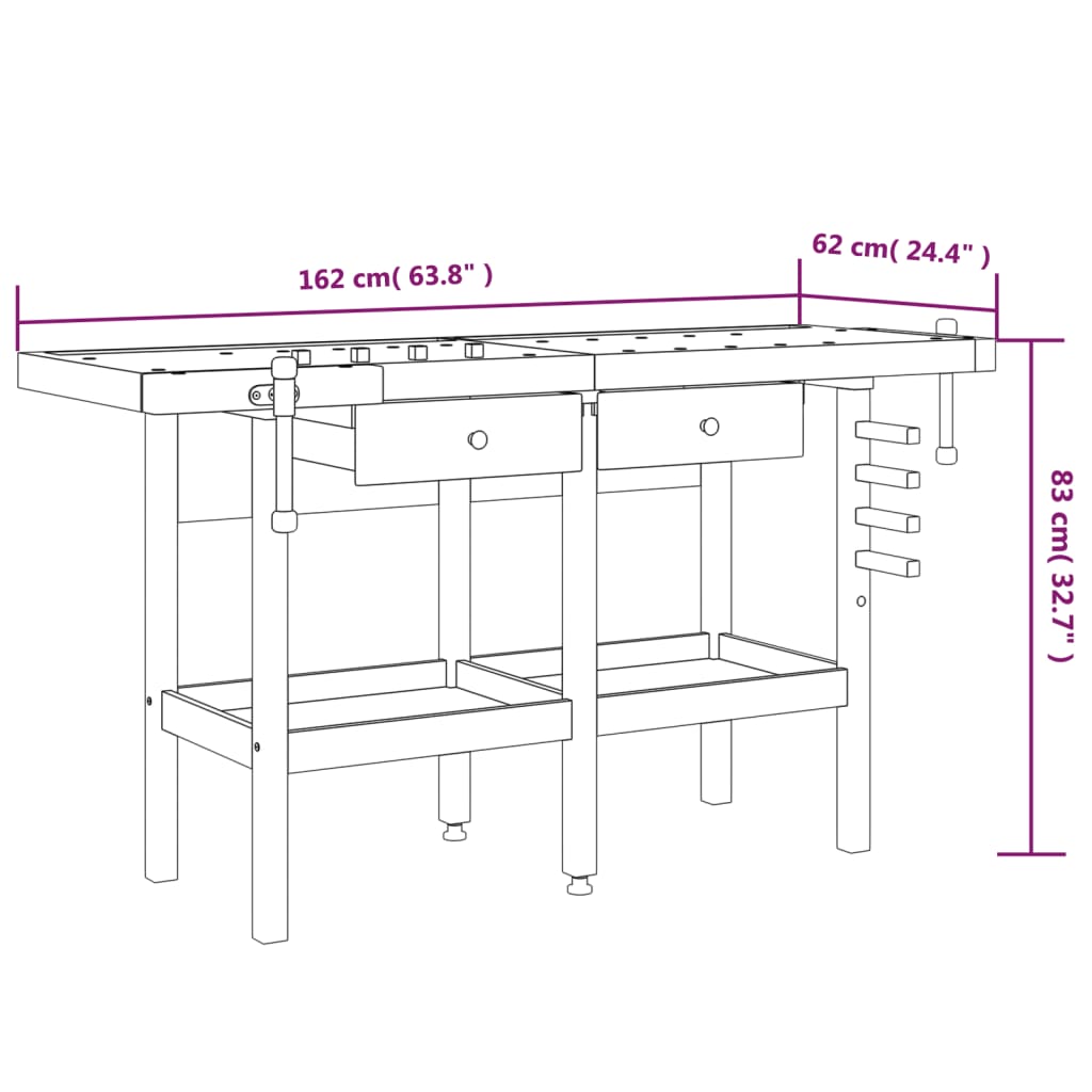 Banco Lavoro Cassetti e Morse 162x62x83cm Legno Massello Acacia