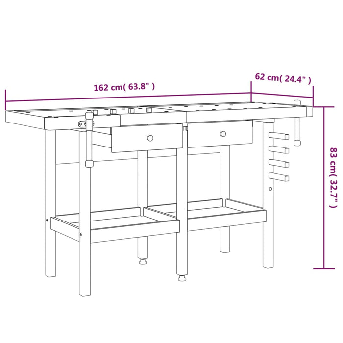 Banco Lavoro Cassetti e Morse 162x62x83cm Legno Massello Acacia 153323