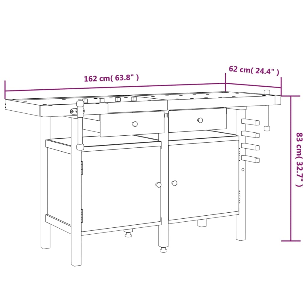 Banco Lavoro Cassetti e Morse 162x62x83cm Legno Massello Acacia cod mxl 12783