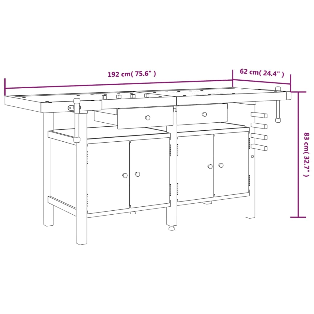 Banco Lavoro Cassetti e Morse 192x62x83cm Legno Massello Acacia