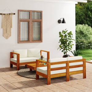 Set Divani Giardino 3 pz Cuscini Bianco Crema in Legno Massello 3144977