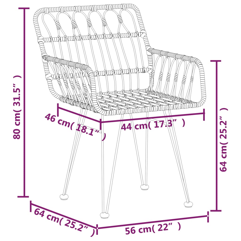 Sedie da Giardino 2pz con Braccioli 56x64x80 cm Rattan PE cod mxl 16625