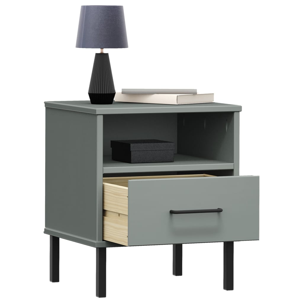 Comodino con Gambe in Metallo Grigio Legno Massello Pino OSLO 350971