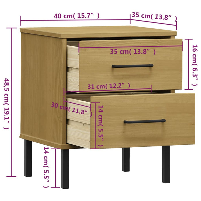 Comodino con Gambe in Metallo Marrone Legno Massello Pino OSLO cod mxl 30191