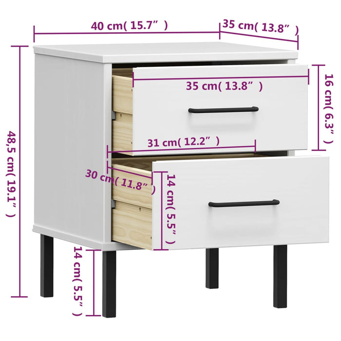 Comodino con Gambe in Metallo Bianco Legno Massello Pino OSLO cod mxl 31106