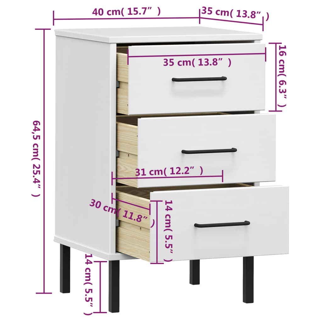 Comodino con Gambe in Metallo Bianco Legno Massello Pino OSLO cod mxl 30190