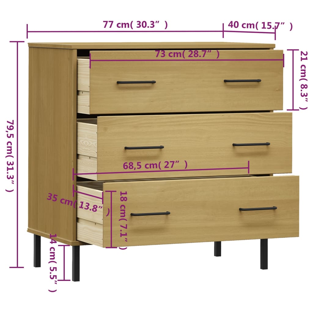 Credenza 3 Cassetti Marrone 77x40x79,5 cm Legno Massello OSLO 350979