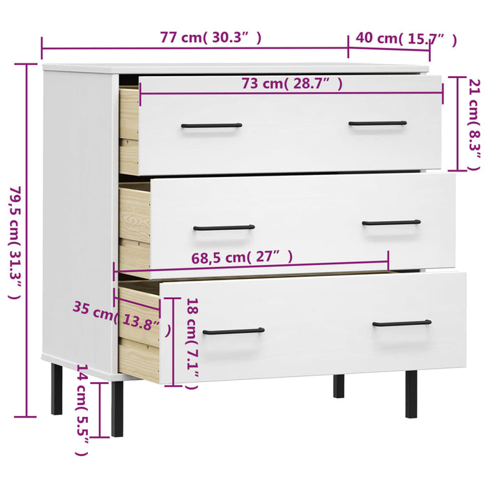 Credenza con 3 Cassetti Bianca 77x40x79,5cm Legno Massello OSLO cod mxl 71121