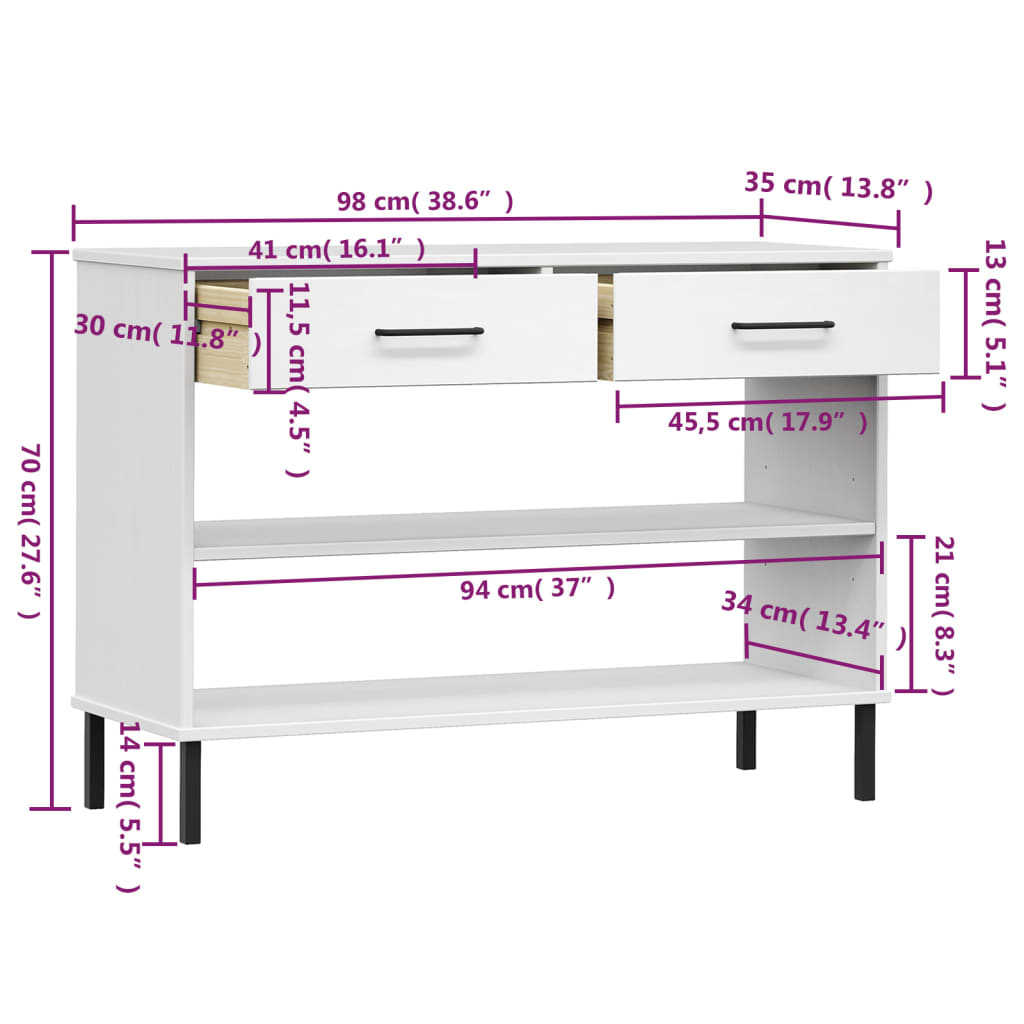 Mobile Consolle Gambe Metallo Bianco Legno Massello Pino OSLO 351005