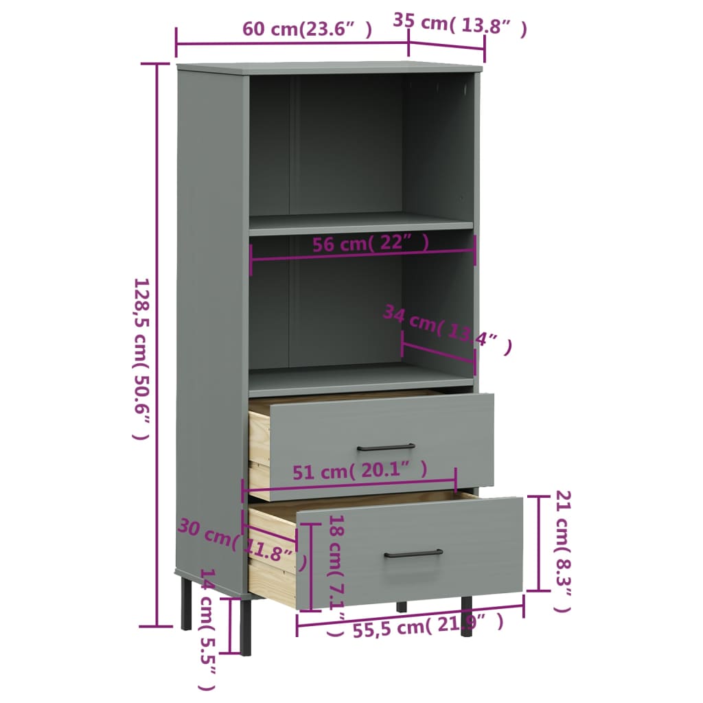 Libreria 2 Cassetti Grigio 60x35x128,5 cm Legno Massello OSLO 351010