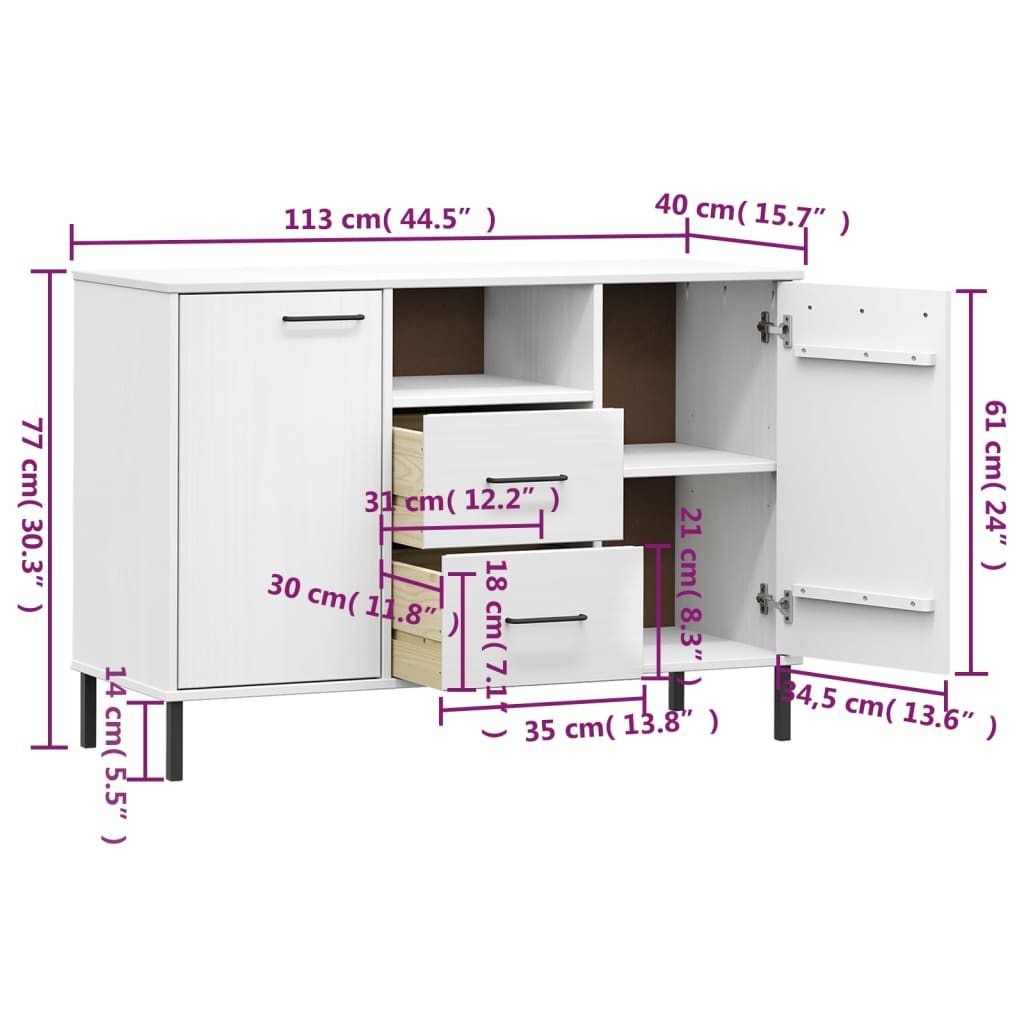 Credenza Gambe Metallo Bianco 113x40x77 cm Legno Massello OSLO 351020