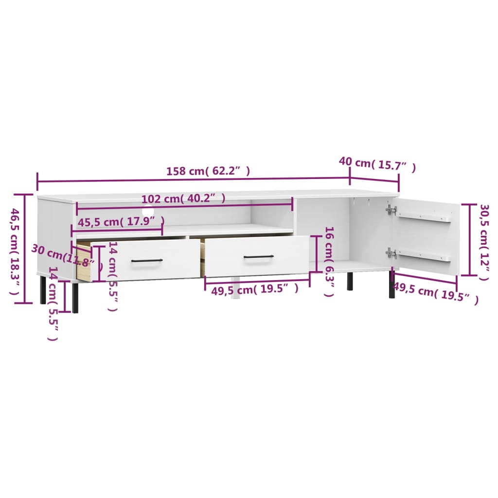 Mobile TV con Gambe Metallo Bianco Legno Massello di Pino OSLO cod mxl 9445