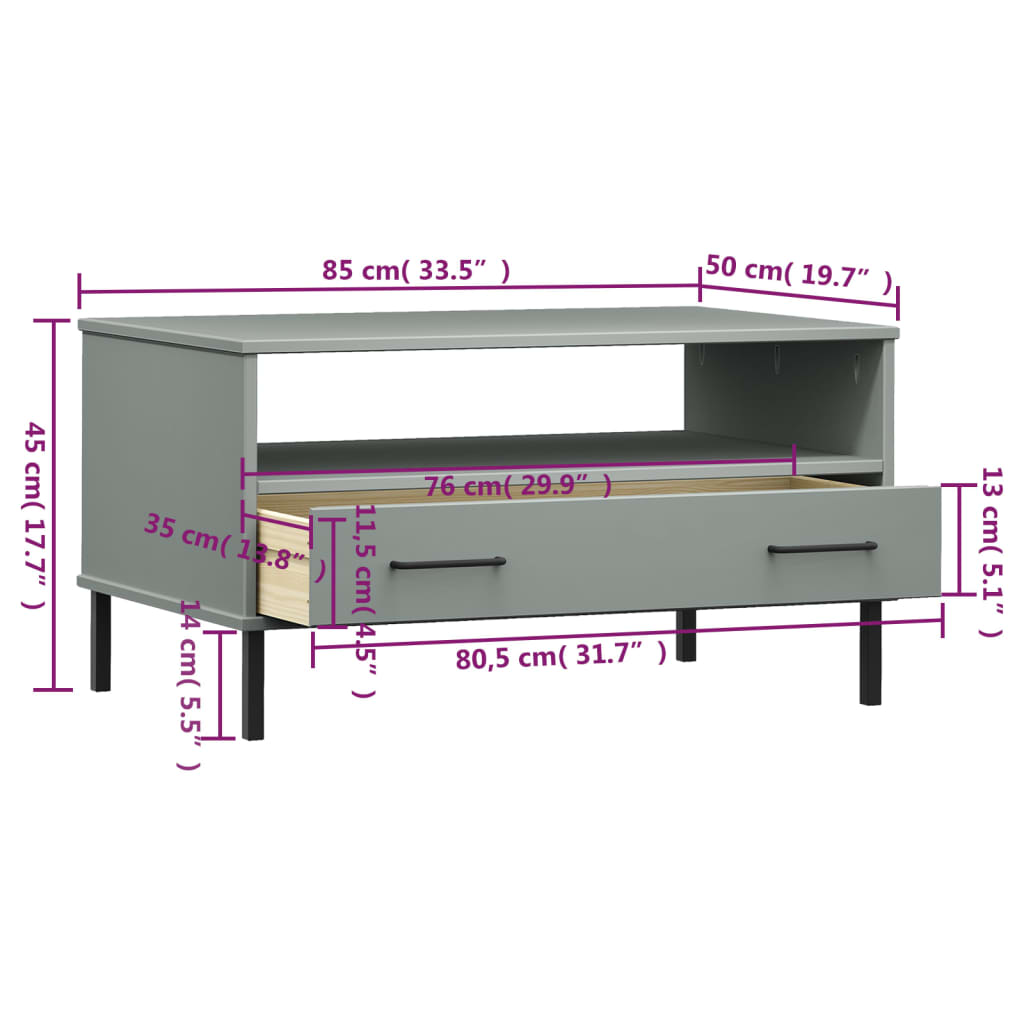 Tavolino Gambe Metallo Grigio 85x50x45 cm Legno Massello OSLO