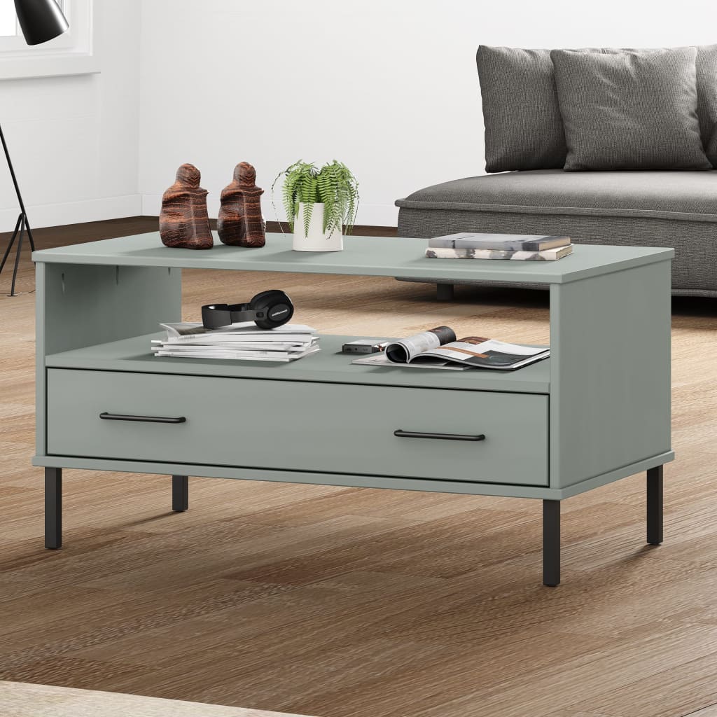 Tavolino Gambe Metallo Grigio 85x50x45 cm Legno Massello OSLO