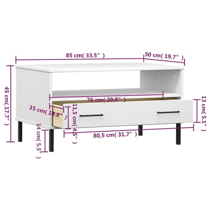 Tavolino Gambe Metallo Bianco 85x50x45 cm Legno Massello OSLO