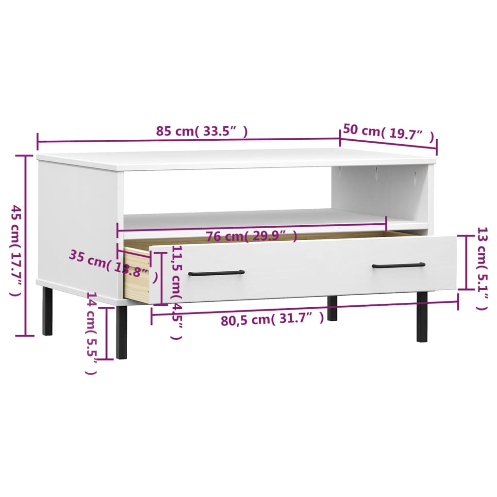 Tavolino Gambe Metallo Bianco 85x50x45 cm Legno Massello OSLO 351035