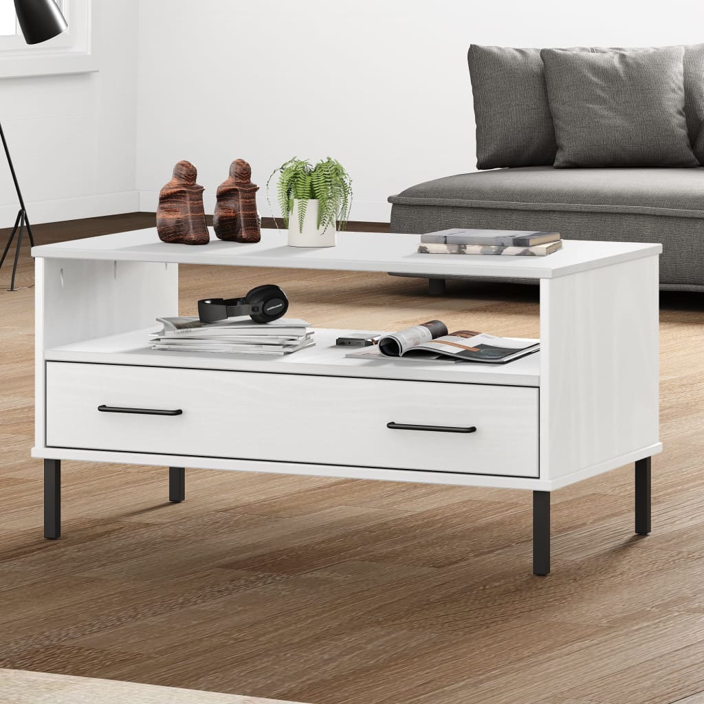 Tavolino Gambe Metallo Bianco 85x50x45 cm Legno Massello OSLO