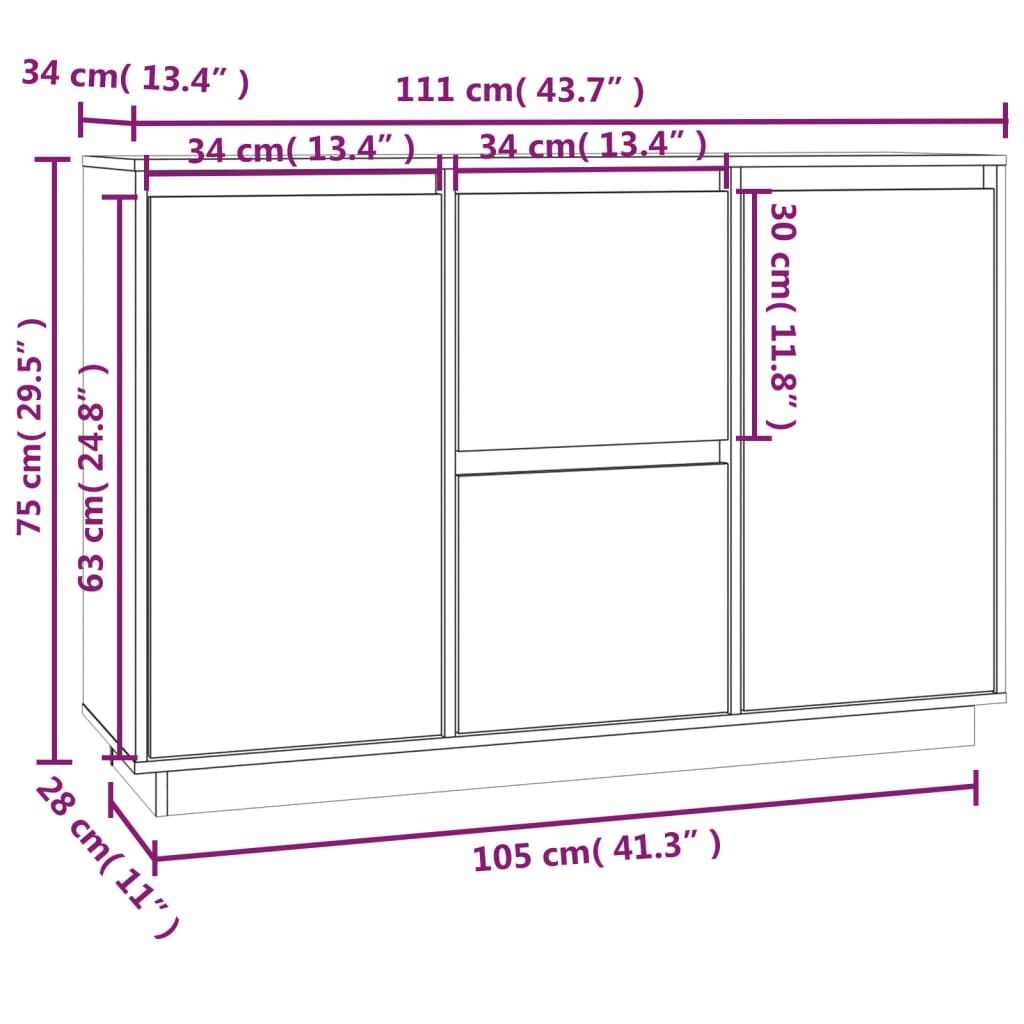 Credenza Grigia 111x34x75 cm in Legno Massello di Pino