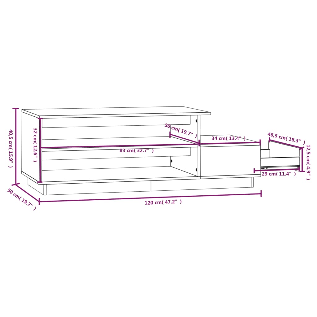 Tavolino da Salotto Bianco 120x50x40,5cm Legno Massello di Pino cod 11656