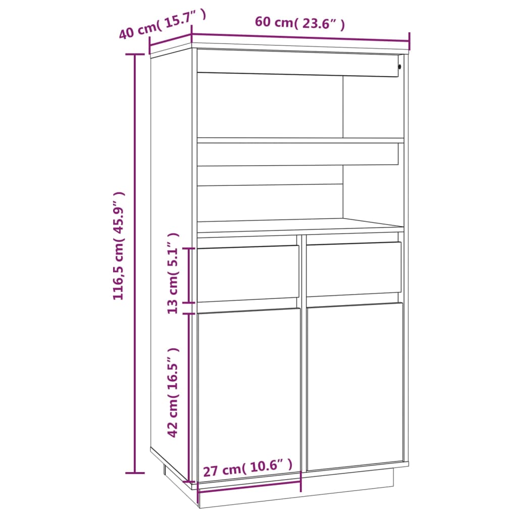 Credenza Grigia 60x40x116,5 cm in Legno Massello di Pino