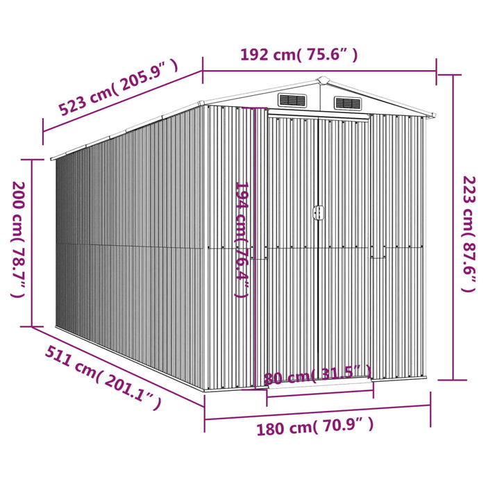 Capanno da Giardino Grigio Chiaro 192x523x223cm Acciaio Zincato 3147442