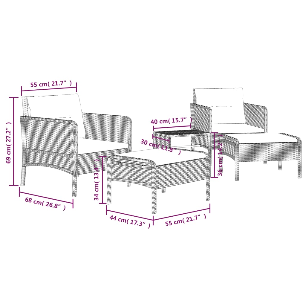 Set Divani da Giardino 5 pz con Cuscini Marrone in Polyrattan cod mxl 35625