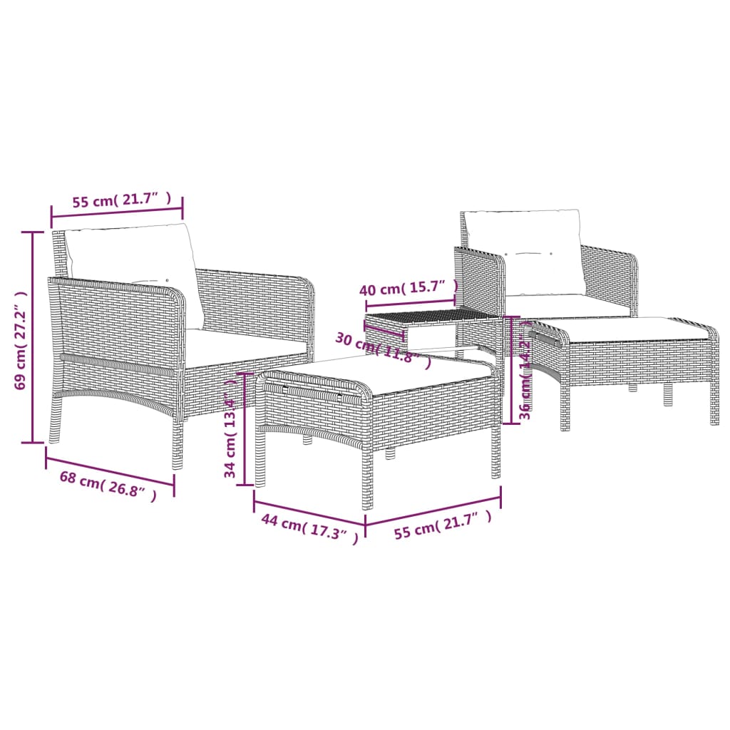 Set Divani da Giardino 5 pz con Cuscini in Polyrattan Grigio cod mxl 35621