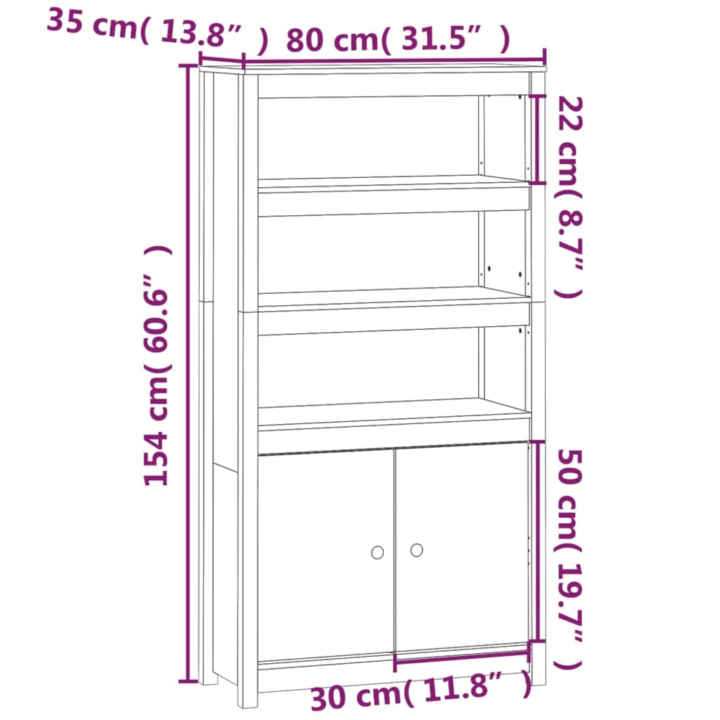 Credenza Bianca 80x35x154 cm in Legno Massello di Pino