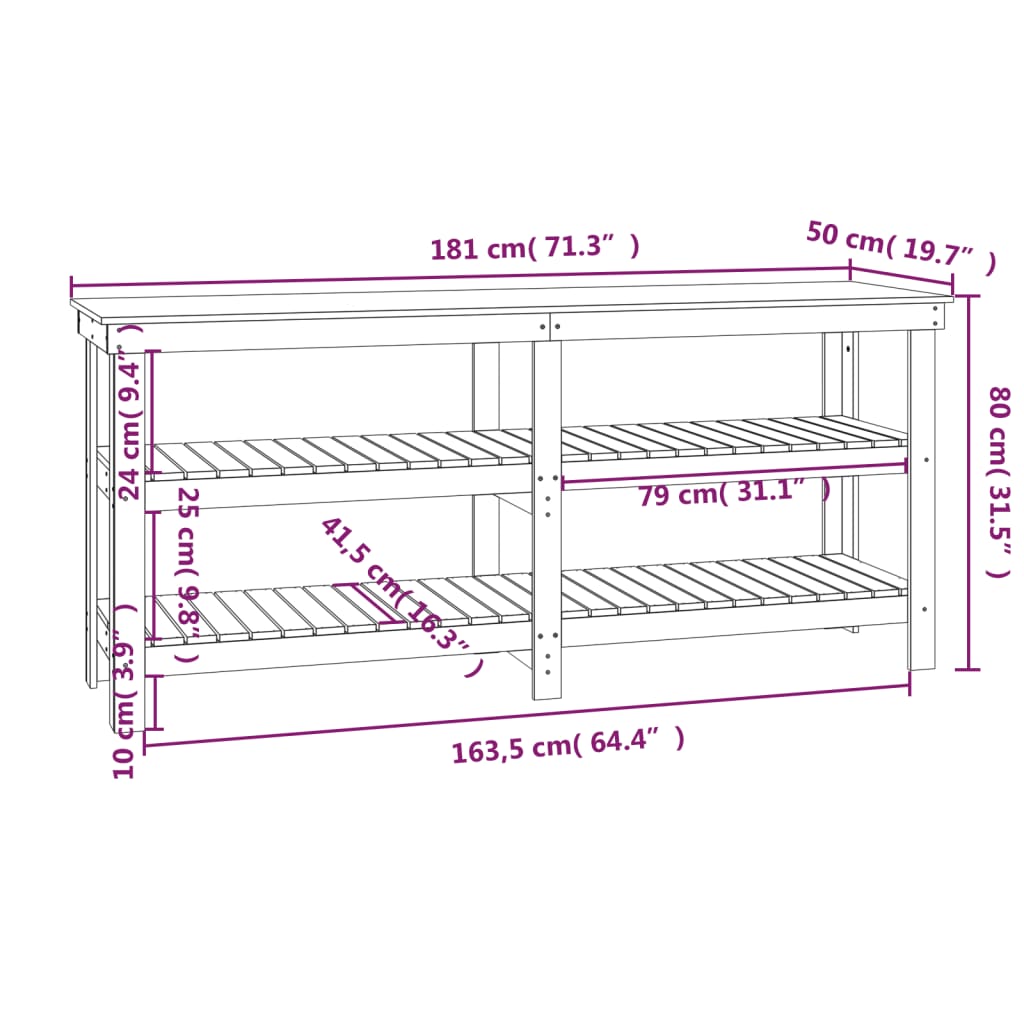 Banco da Lavoro Miele 181x50x80 cm in Legno Massello di Pino 823657