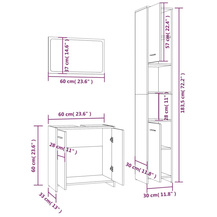 Set Mobili da Bagno 3 pz Rovere Fumo in Legno Multistrato cod mxl 31398