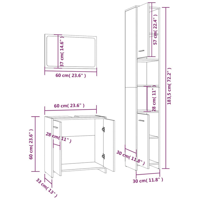 Set Mobili da Bagno 3 pz Grigio Sonoma in Legno Multistrato cod mxl 11868