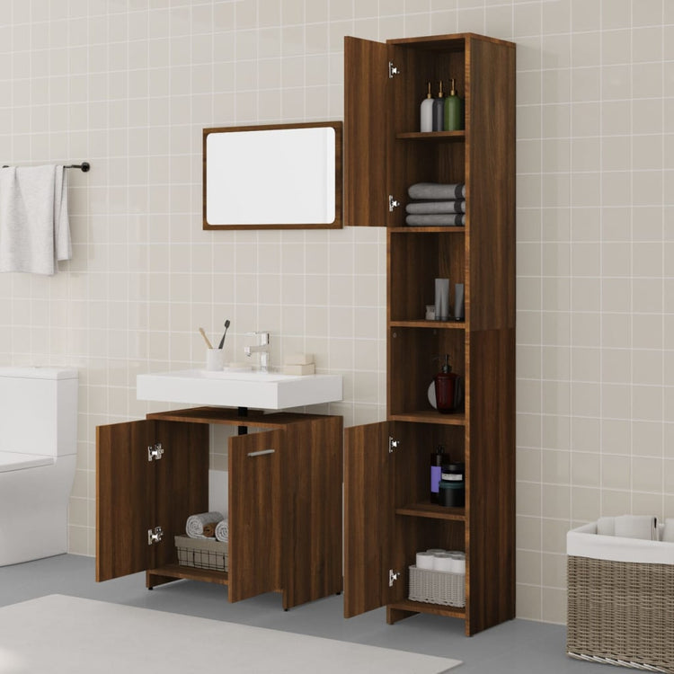 Set Mobili da Bagno 3 pz Rovere Marrone in Legno Multistrato cod mxl 18662