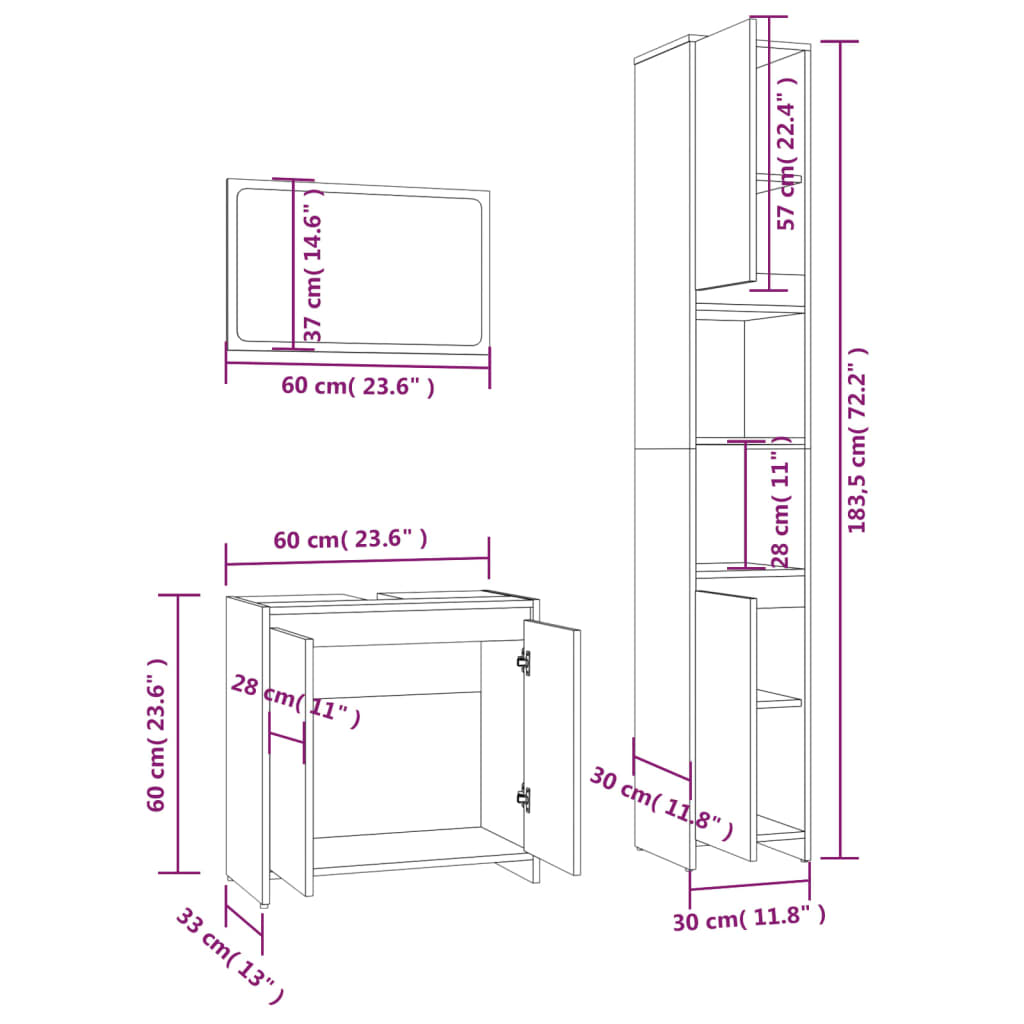 Set Mobili da Bagno 3 pz Rovere Fumo in Legno Multistrato 3152719