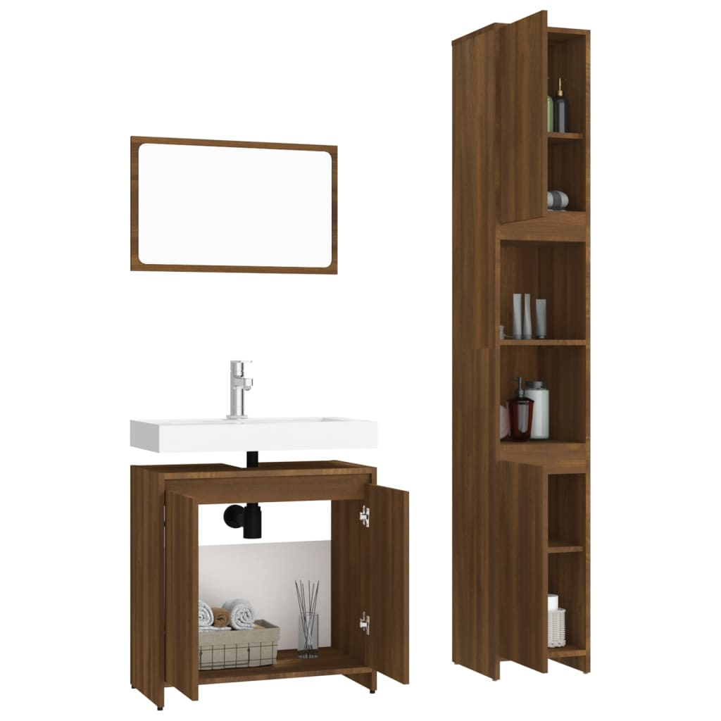 Set Mobili da Bagno 3 pz Rovere Marrone in Legno Multistrato 3152721