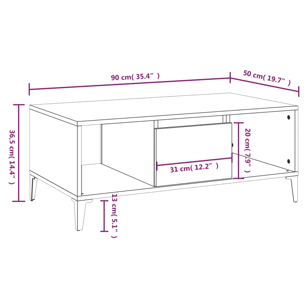 Tavolino da Salotto Bianco 90x50x36,5 cm in Legno Multistrato cod mxl 9494