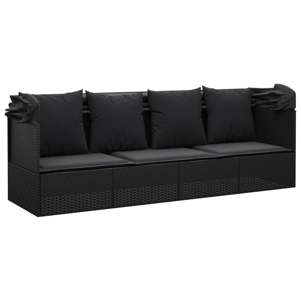 Lettino Prendisole Esterno con Tetto e Cuscini Nero Polyrattan cod mxl 65504